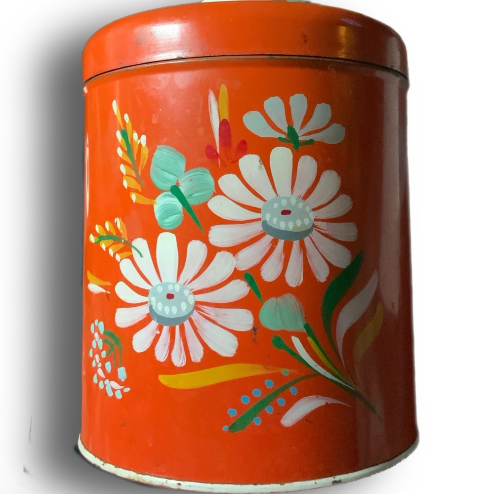 Ransburg Indianapolis vintage handpainted Canister orange / floral Coffee Tin